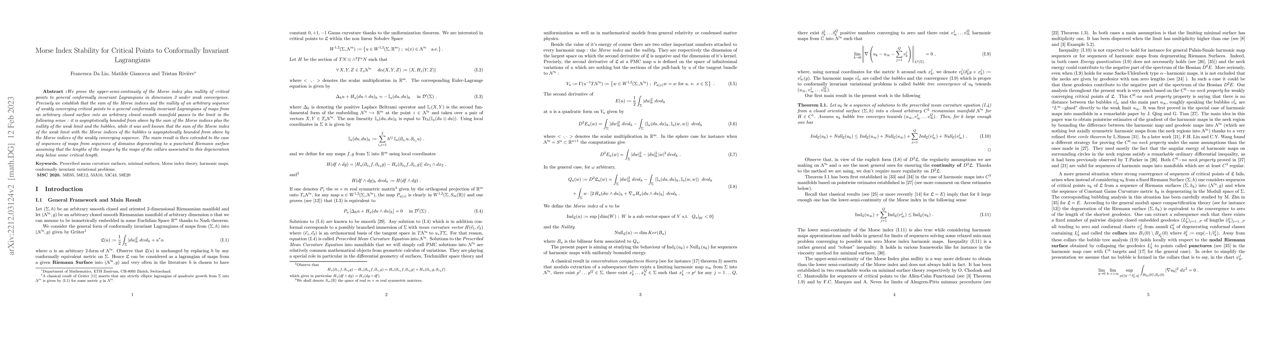 Thumbnail for Morse Index Stability for Critical Points to Conformally invariant
  Lagrangians