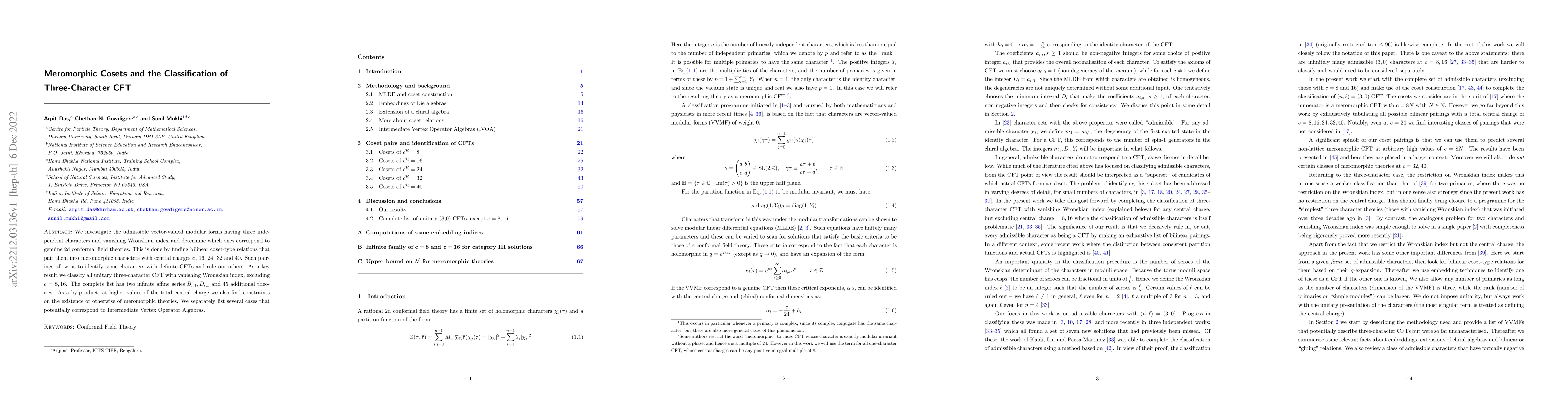 Thumbnail for Meromorphic Cosets and the Classification of Three-Character CFT