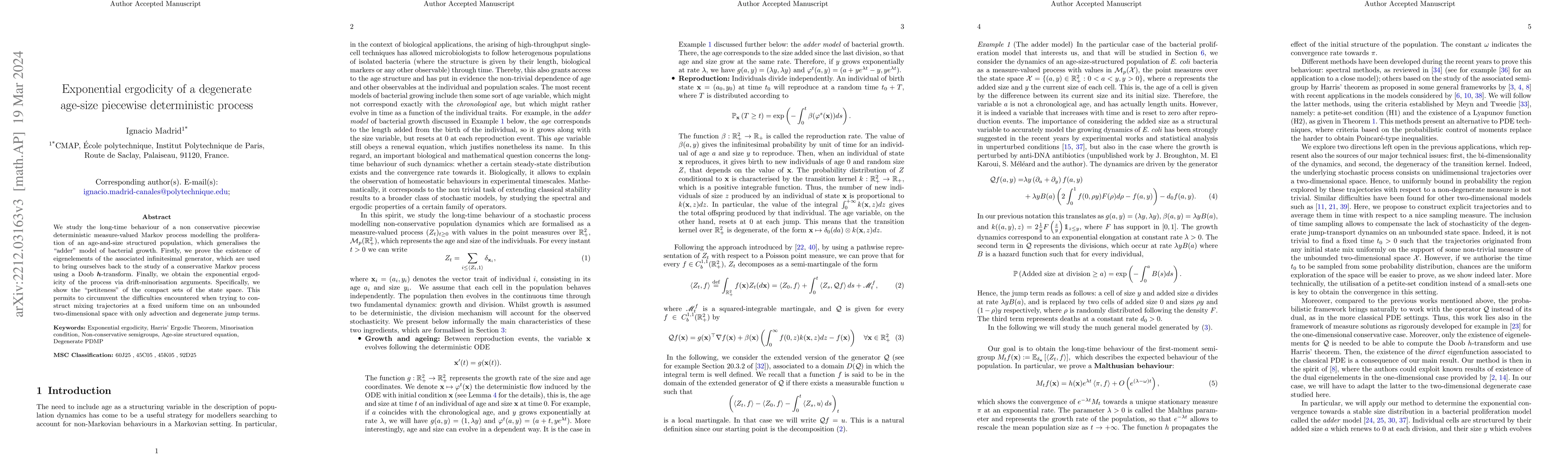 Thumbnail for Exponential ergodicity of a degenerate age-size piecewise deterministic
  process