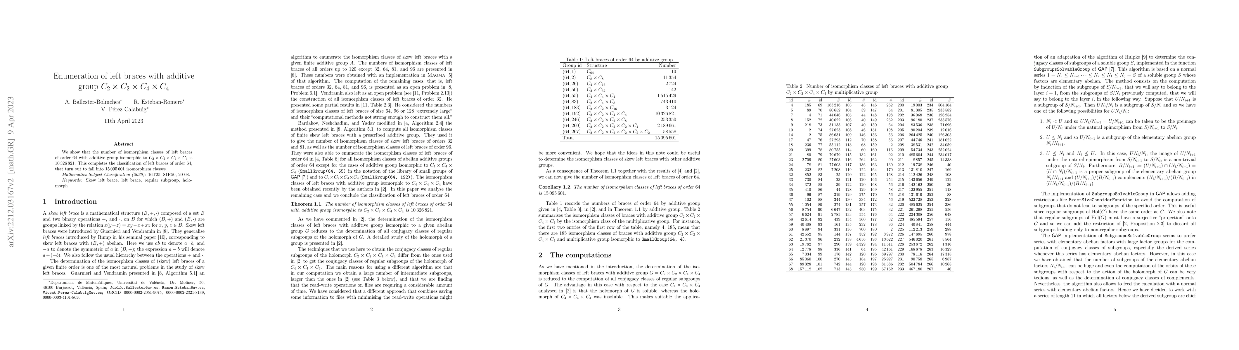 Thumbnail for Enumeration of left braces with additive group $C_2\times C_2\times
  C_4\times C_4$
