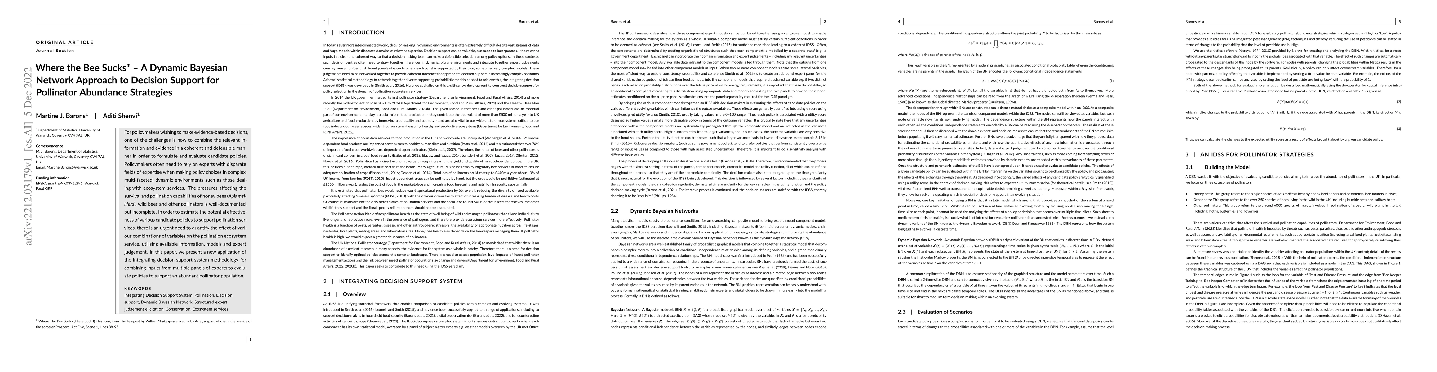 Thumbnail for Where the Bee Sucks -- A Dynamic Bayesian Network Approach to Decision
  Support for Pollinator Abundance Strategies