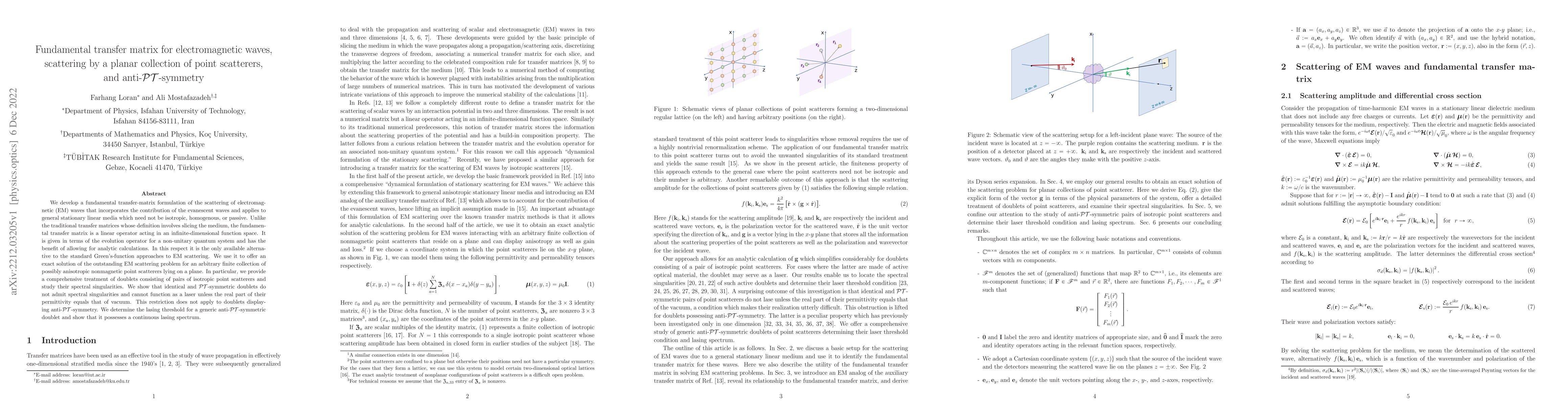 Thumbnail for Fundamental transfer matrix for electromagnetic waves, scattering by a
  planar collection of point scatterers, and anti-PT-symmetry