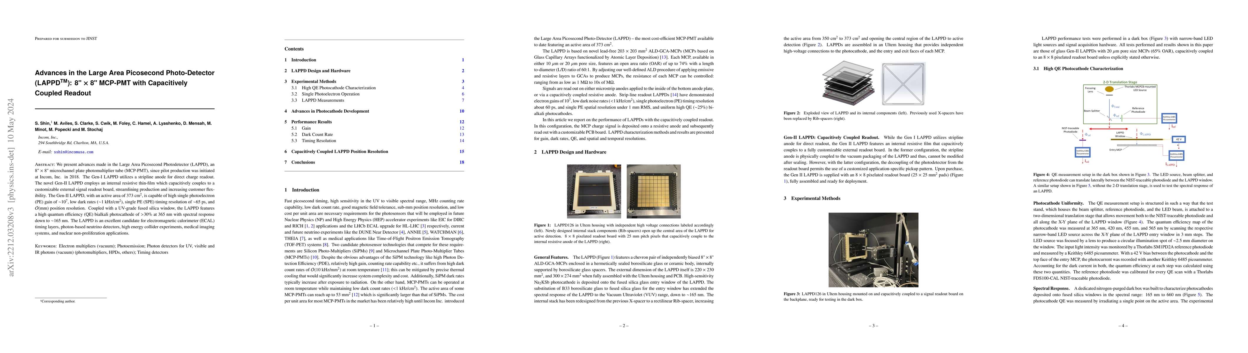 Thumbnail for Advances in the Large Area Picosecond Photo-Detector (LAPPD): 8" x 8"
  MCP-PMT with Capacitively Coupled Readout