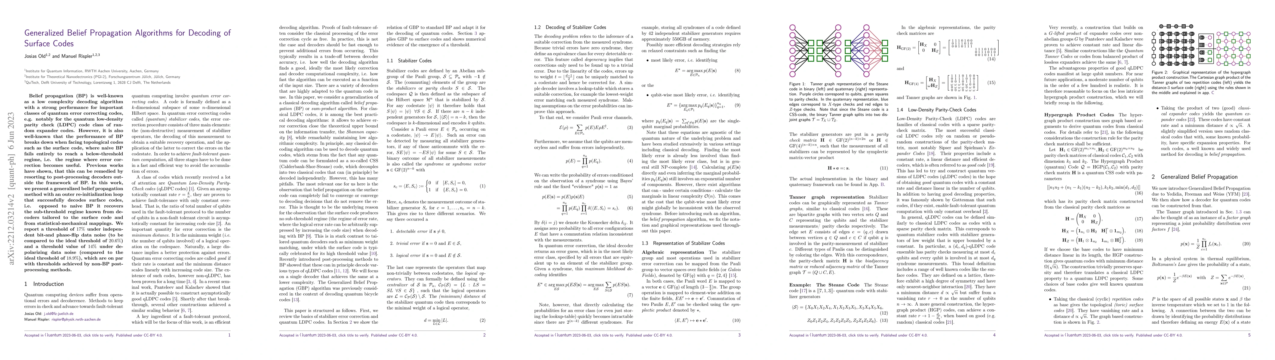 Thumbnail for Generalized Belief Propagation Algorithms for Decoding of Surface Codes