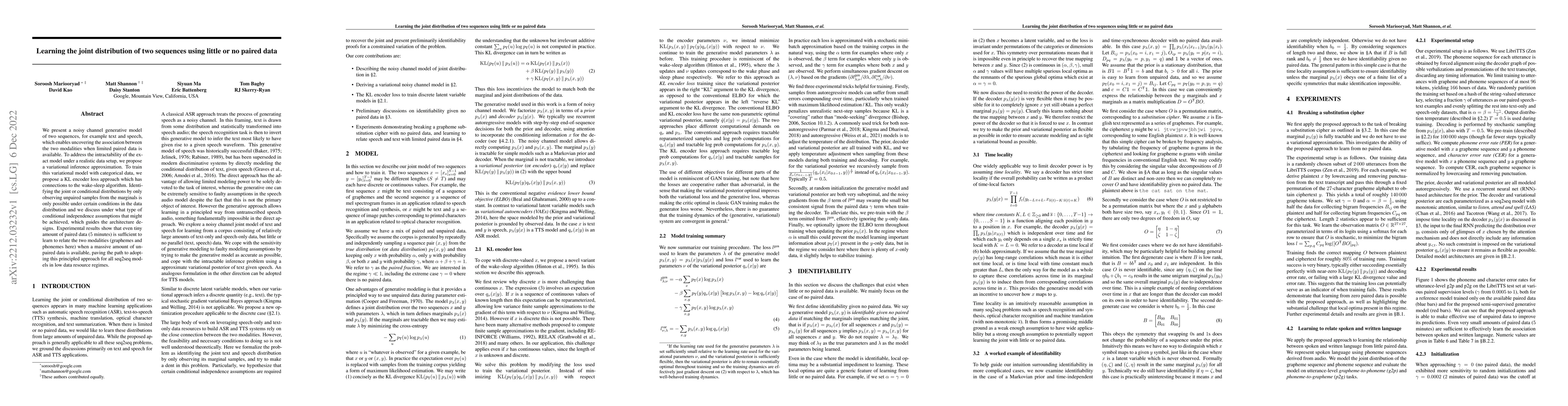 Thumbnail for Learning the joint distribution of two sequences using little or no
  paired data