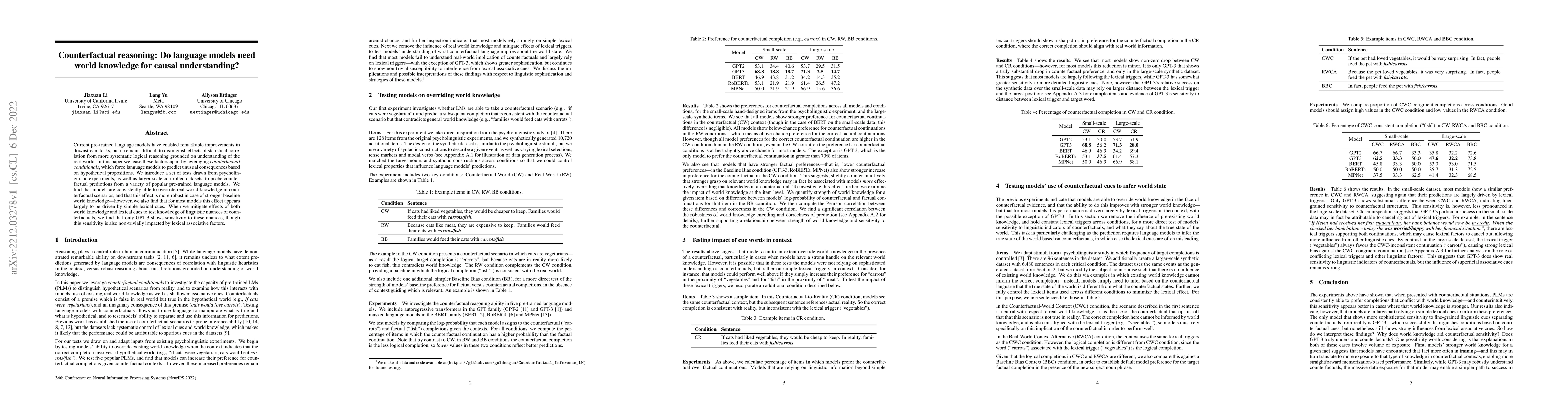 Thumbnail for Counterfactual reasoning: Do language models need world knowledge for
  causal understanding?