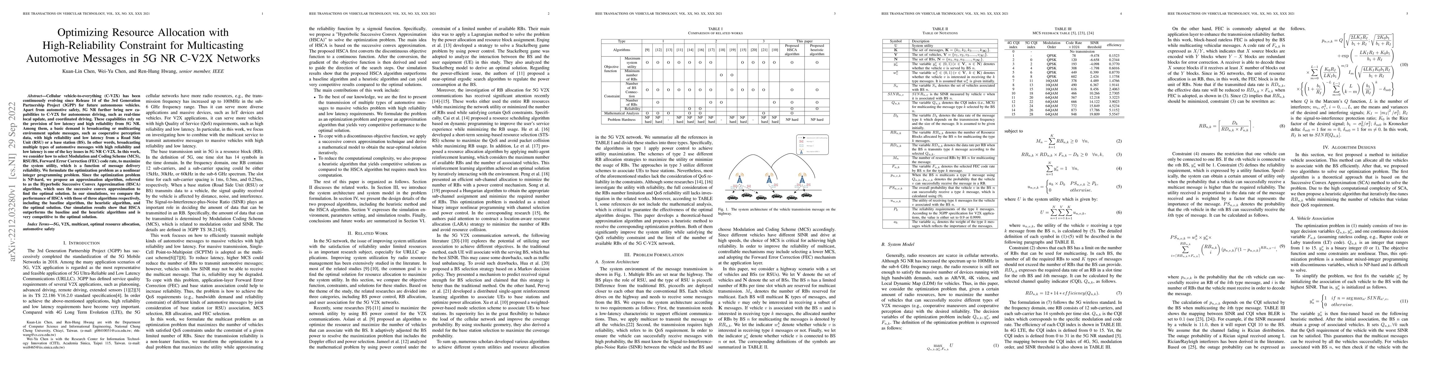 Thumbnail for Optimizing Resource Allocation with High-Reliability Constraint for
  Multicasting Automotive Messages in 5G NR C-V2X Networks