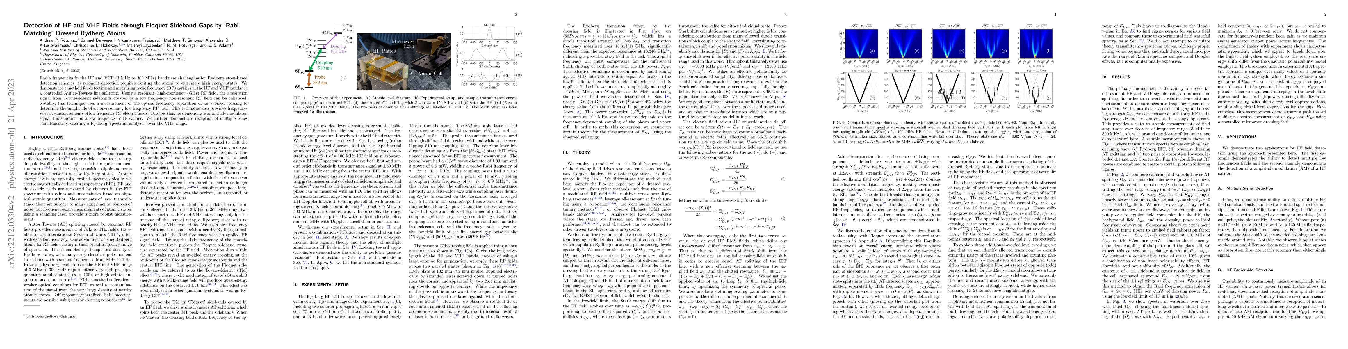 Thumbnail for Detection of HF and VHF Fields through Floquet Sideband Gaps by `Rabi
  Matching' Dressed Rydberg Atoms