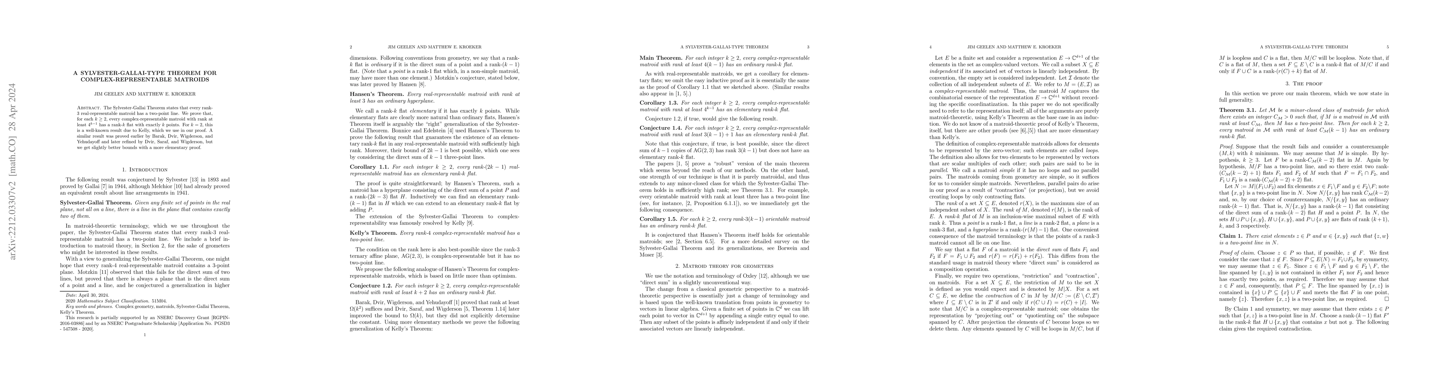 Thumbnail for A Sylvester-Gallai-type theorem for complex-representable matroids