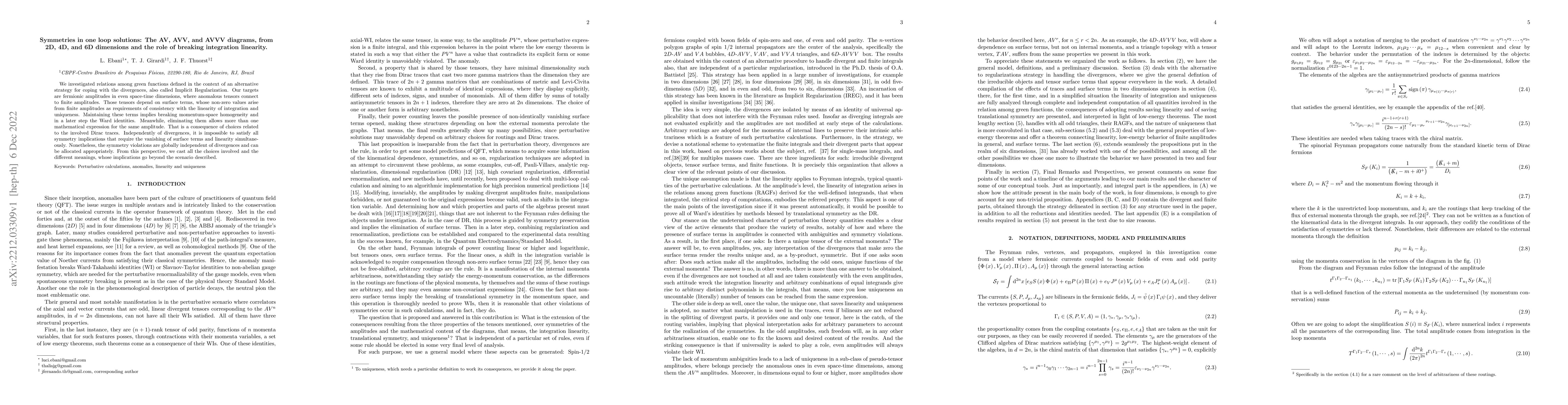Thumbnail for Symmetries in one loop solutions: The AV, AVV, and AVVV diagrams, from
  2D, 4D, and 6D dimensions and the role of breaking integration linearity