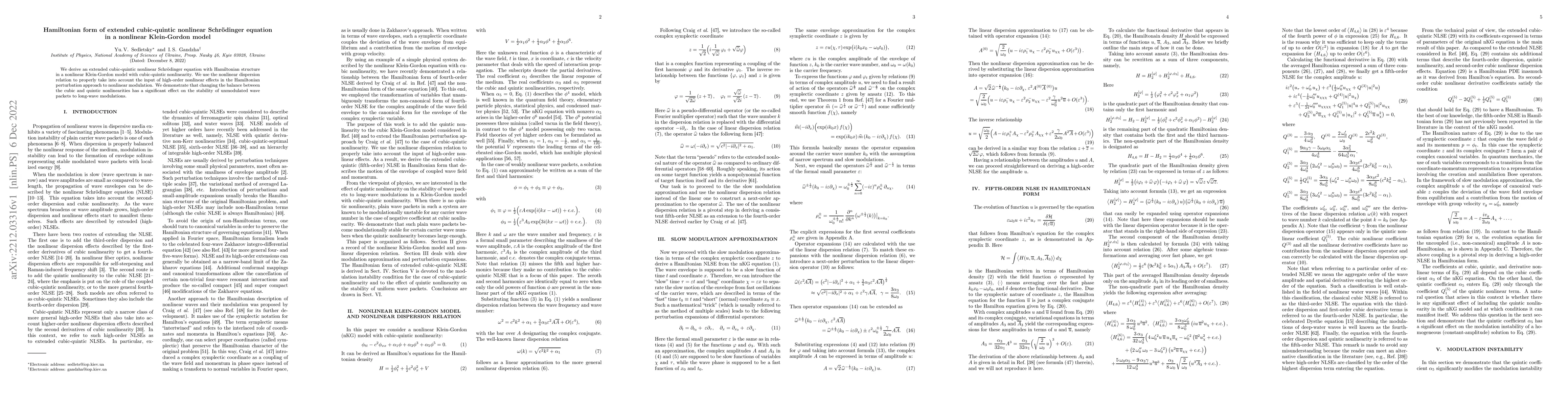 Thumbnail for Hamiltonian form of extended cubic-quintic nonlinear Schr\"{o}dinger
  equation in a nonlinear Klein-Gordon model