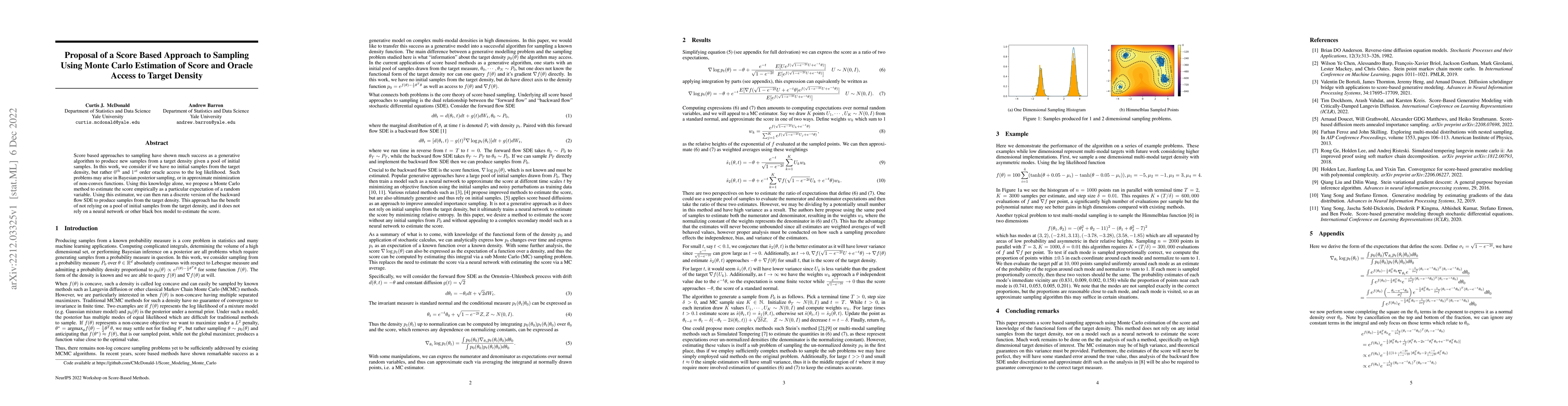Thumbnail for Proposal of a Score Based Approach to Sampling Using Monte Carlo
  Estimation of Score and Oracle Access to Target Density
