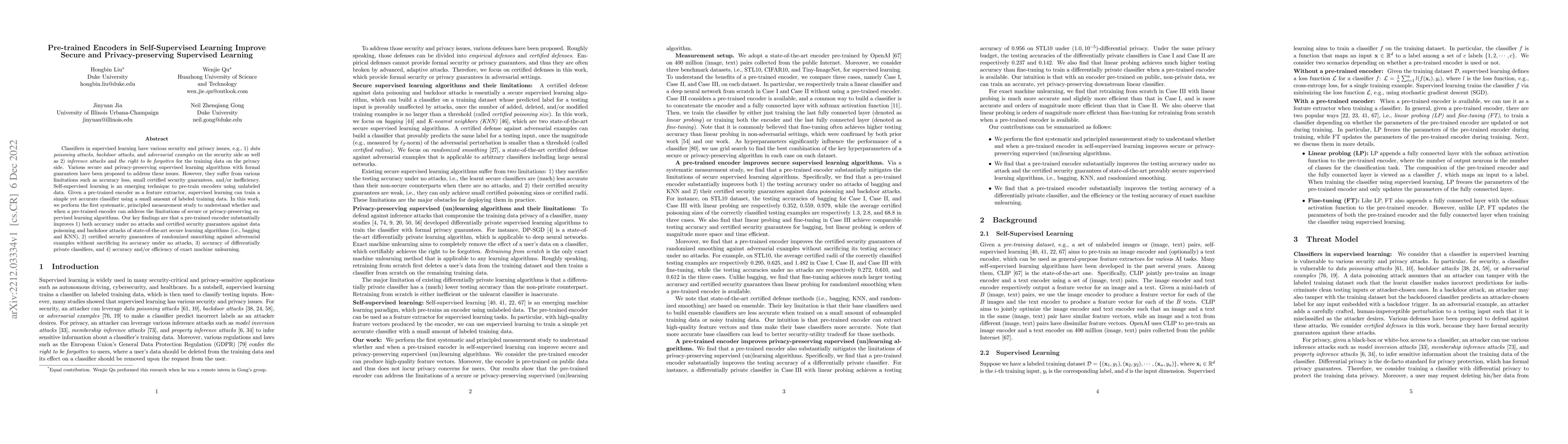 Thumbnail for Pre-trained Encoders in Self-Supervised Learning Improve Secure and
  Privacy-preserving Supervised Learning