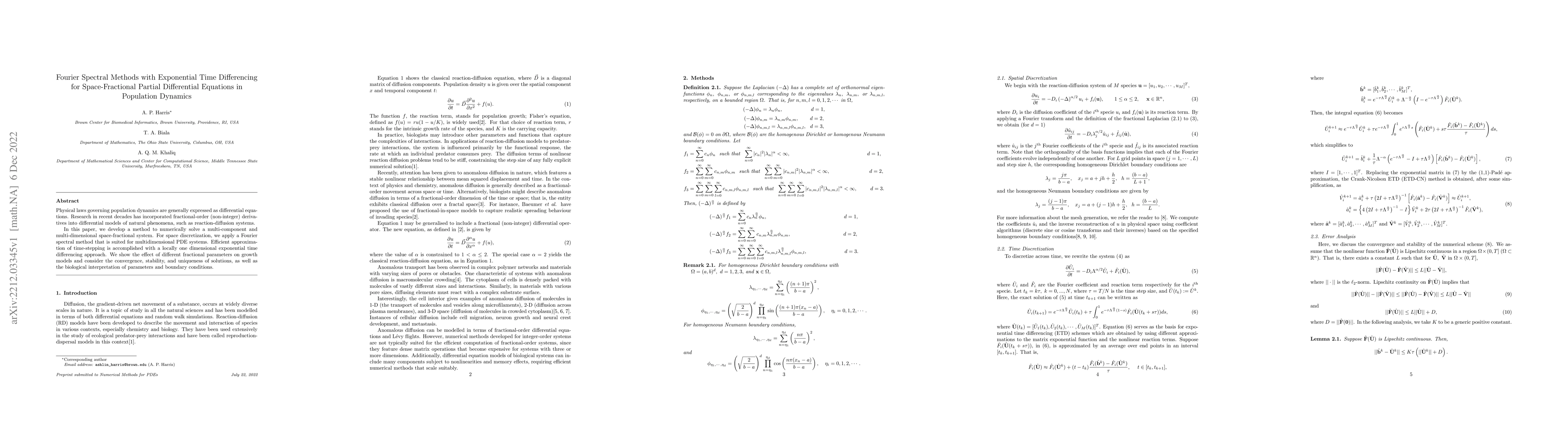 Thumbnail for Fourier Spectral Methods with Exponential Time Differencing for
  Space-Fractional Partial Differential Equations in Population Dynamics
