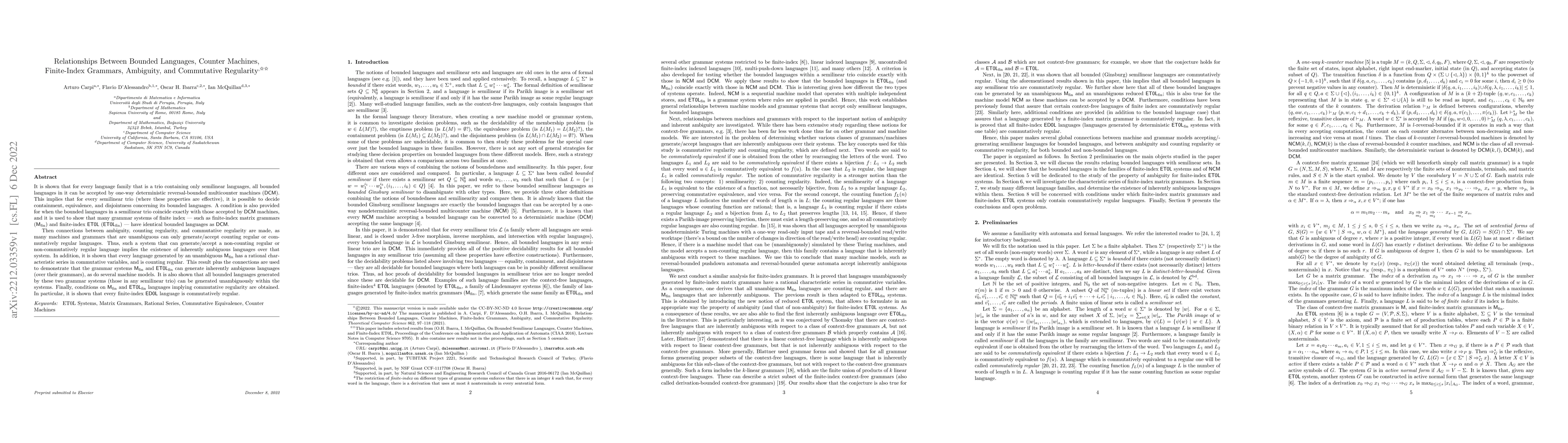 Thumbnail for Relationships Between Bounded Languages, Counter Machines, Finite-Index
  Grammars, Ambiguity, and Commutative Regularity