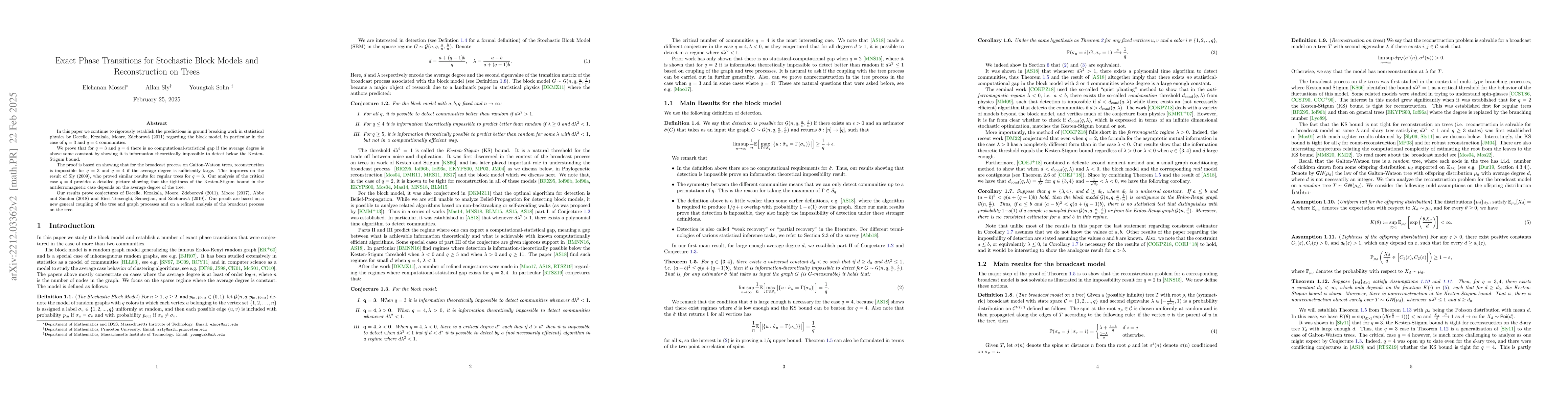 Thumbnail for Exact Phase Transitions for Stochastic Block Models and Reconstruction
  on Trees