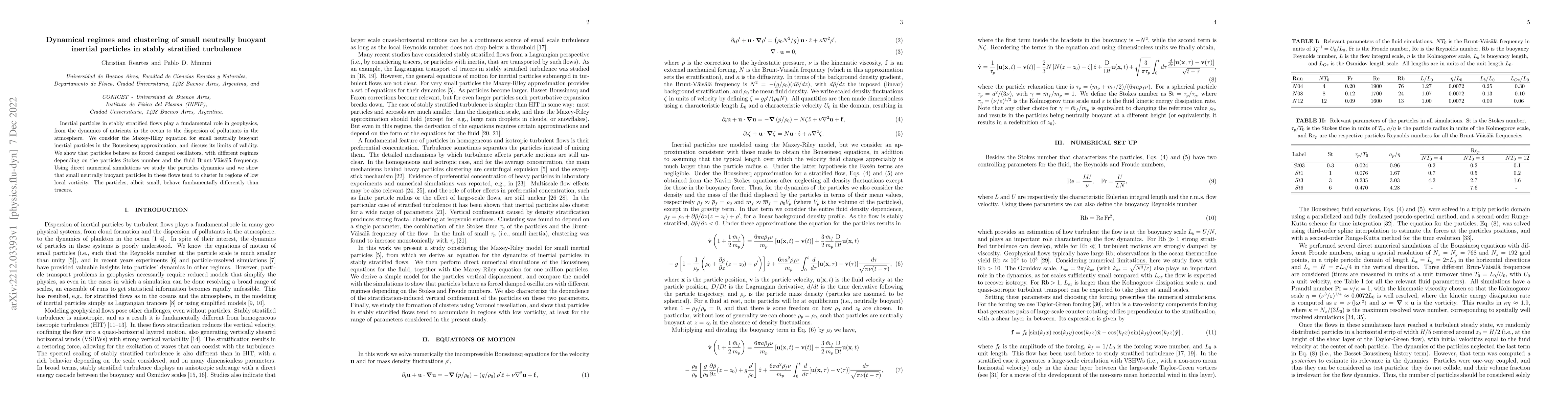 Thumbnail for Dynamical regimes and clustering of small neutrally buoyant inertial
  particles in stably stratified turbulence