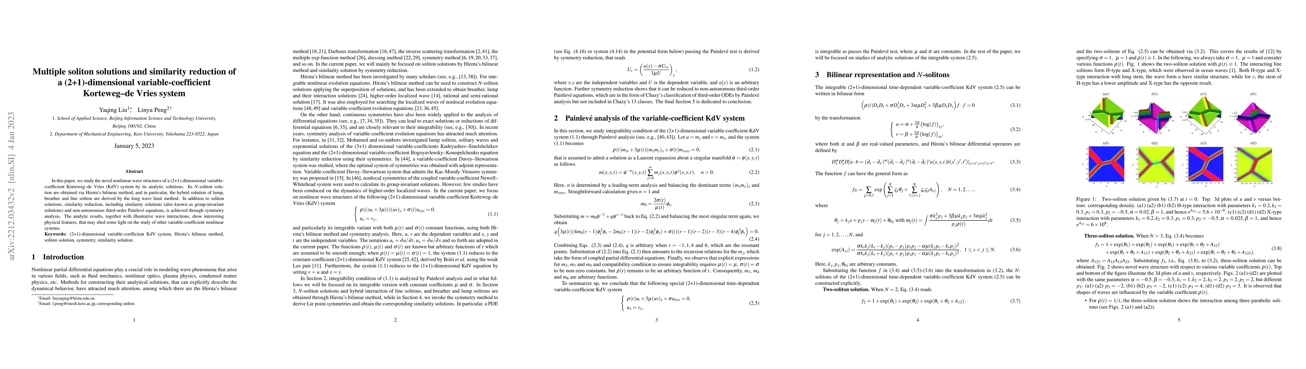 Thumbnail for Multiple soliton solutions and similarity reduction of a
  (2+1)-dimensional variable-coefficient Korteweg-de Vries system