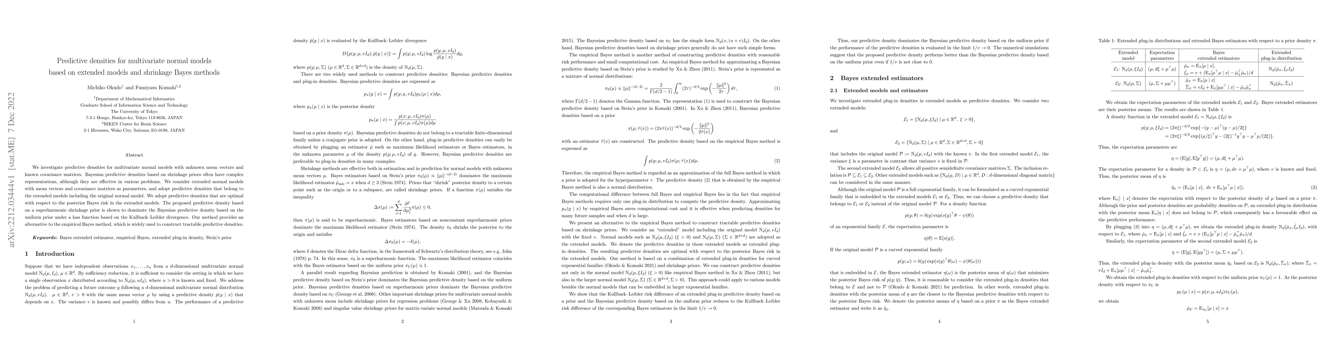 Thumbnail for Predictive densities for multivariate normal models based on extended
  models and shrinkage Bayes methods