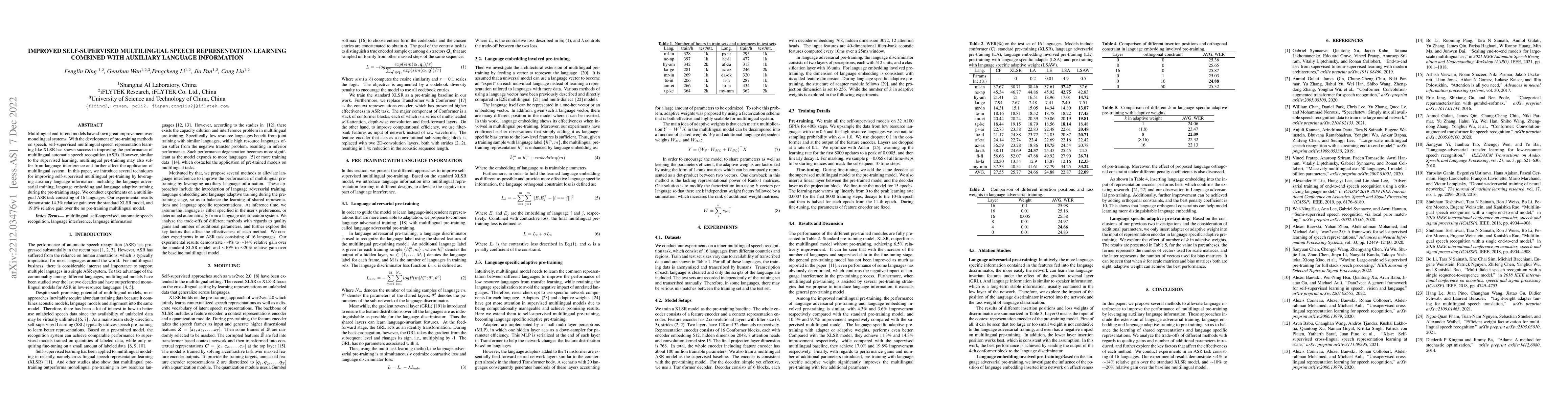 Thumbnail for Improved Self-Supervised Multilingual Speech Representation Learning
  Combined with Auxiliary Language Information