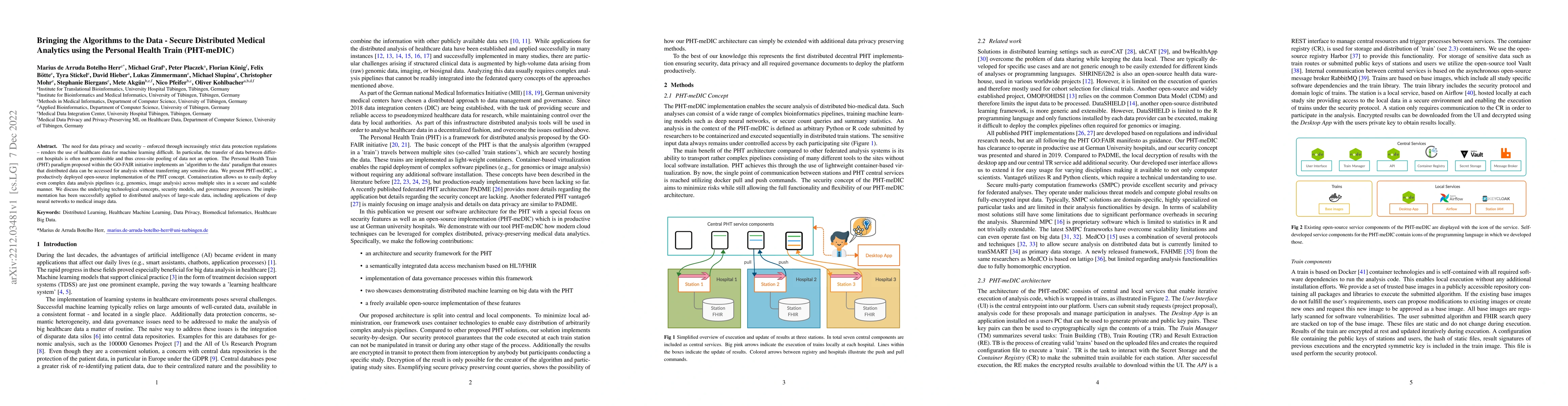 Thumbnail for Bringing the Algorithms to the Data -- Secure Distributed Medical
  Analytics using the Personal Health Train (PHT-meDIC)