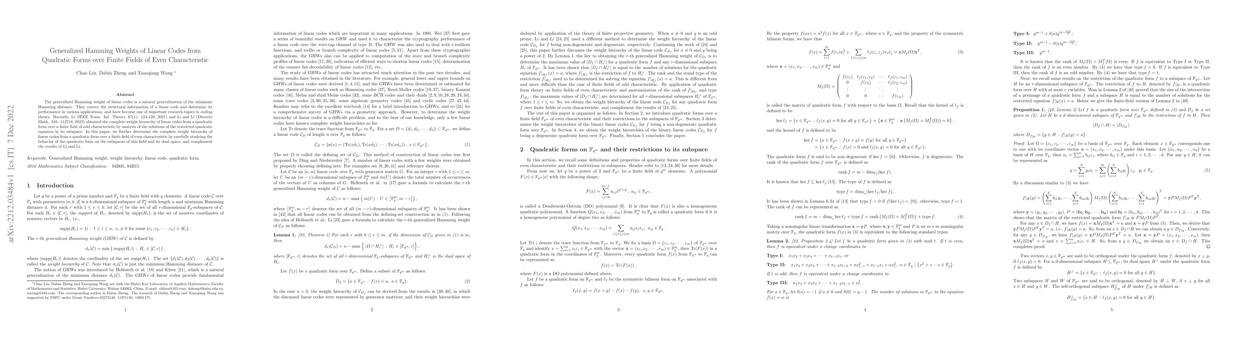 Thumbnail for Generalized Hamming Weights of Linear Codes from Quadratic Forms over
  Finite Fields of Even Characteristic
