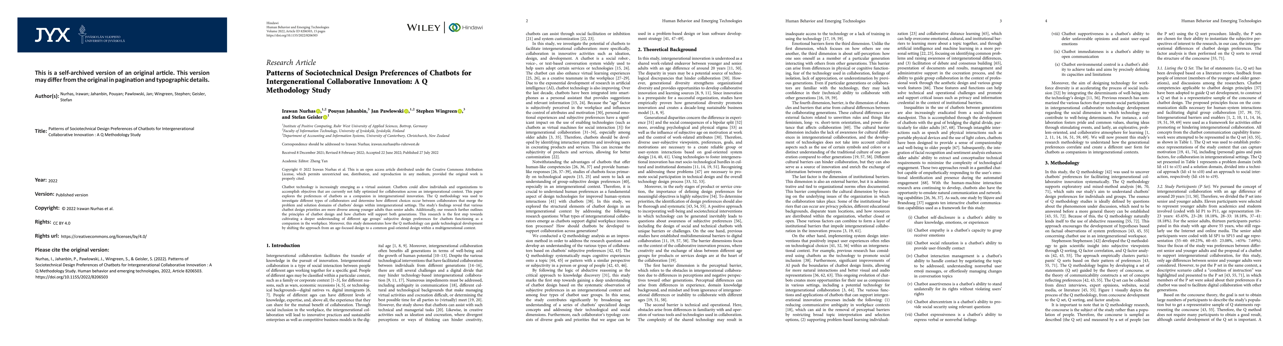 Thumbnail for Patterns of Sociotechnical Design Preferences of Chatbots for
  Intergenerational Collaborative Innovation : A Q Methodology Study