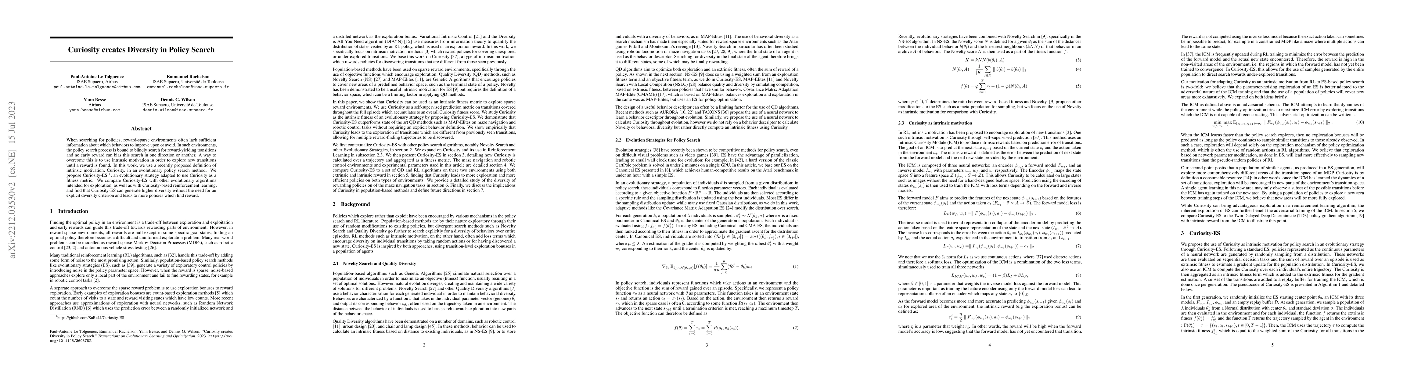 Thumbnail for Curiosity creates Diversity in Policy Search