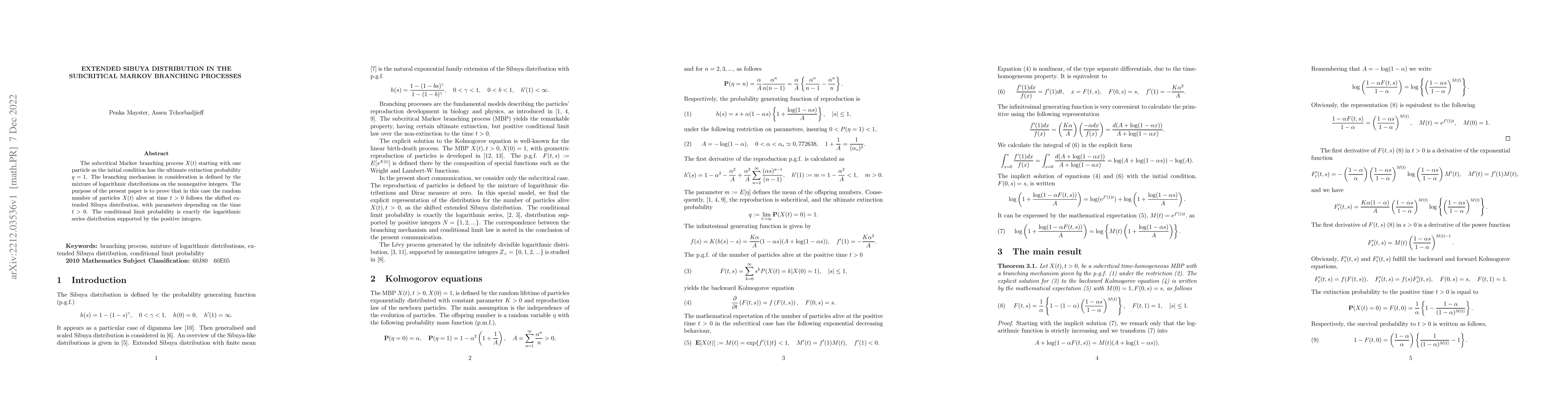 Thumbnail for Extended Sibuya distribution in the Subcritical Markov Branching
  processes