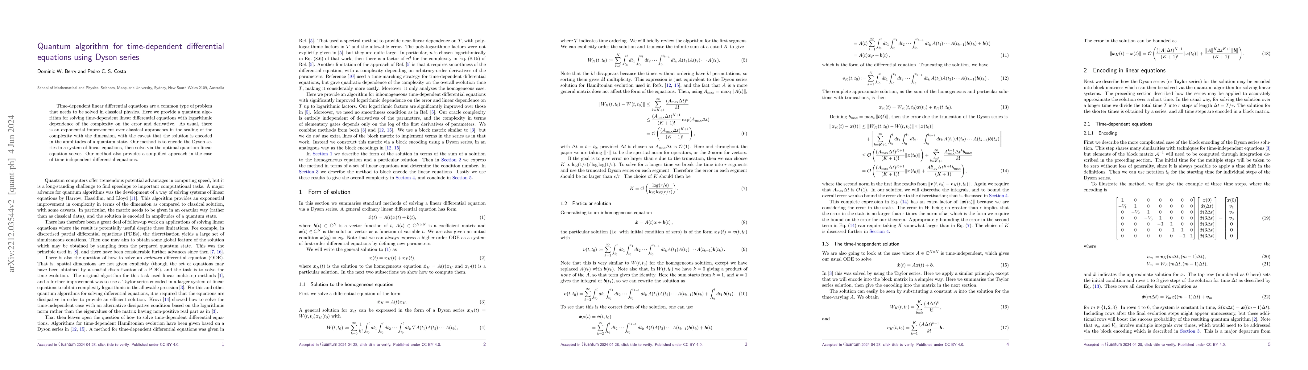 Thumbnail for Quantum algorithm for time-dependent differential equations using Dyson
  series