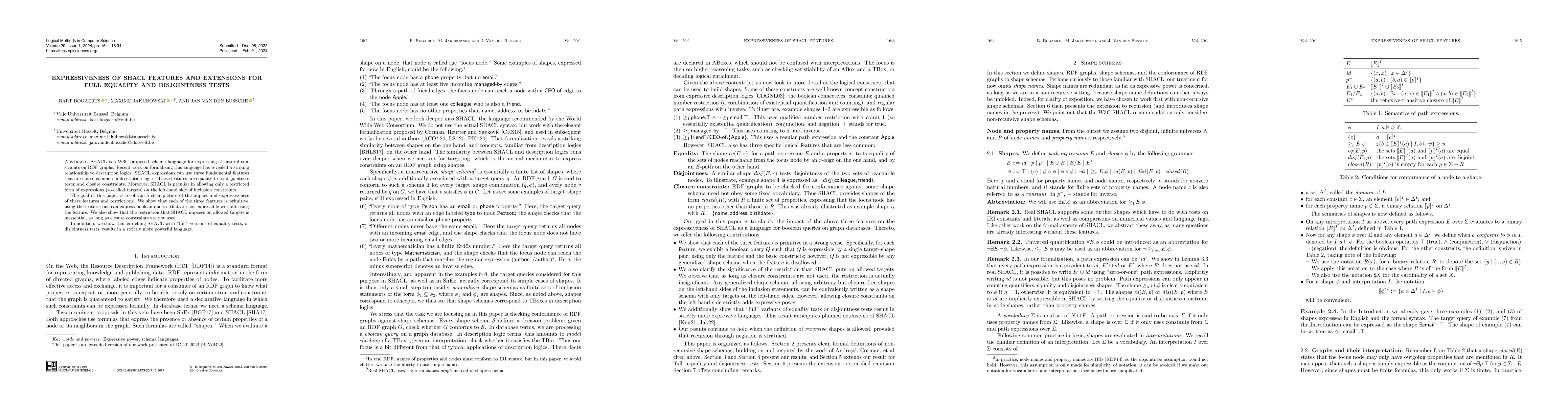 Thumbnail for Expressiveness of SHACL Features and Extensions for Full Equality and
  Disjointness Tests