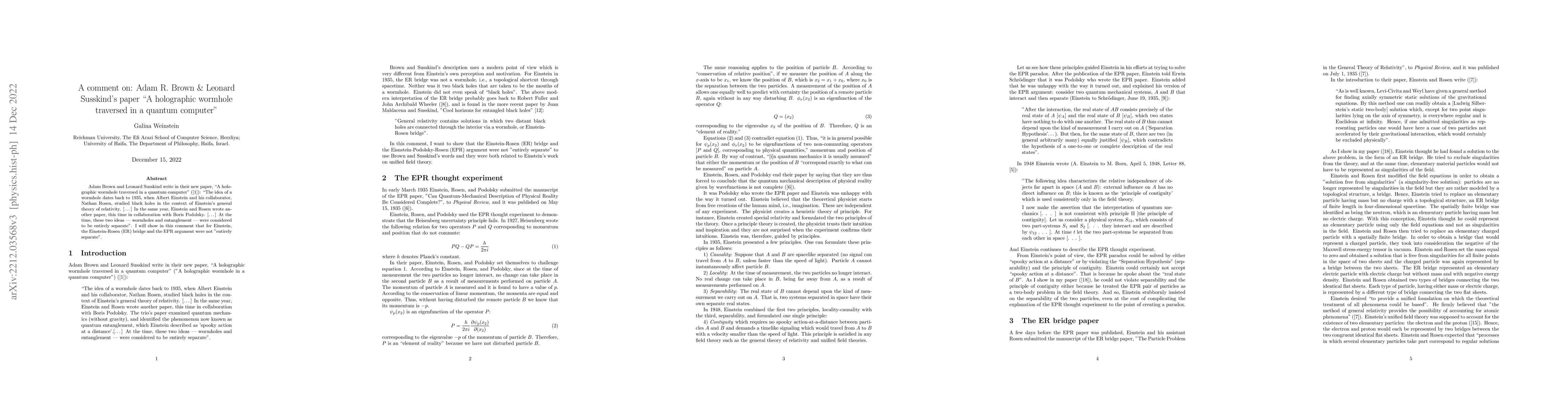 Thumbnail for A comment on: Adam R. Brown and Leonard Susskind's paper "A holographic
  wormhole traversed in a quantum computer"