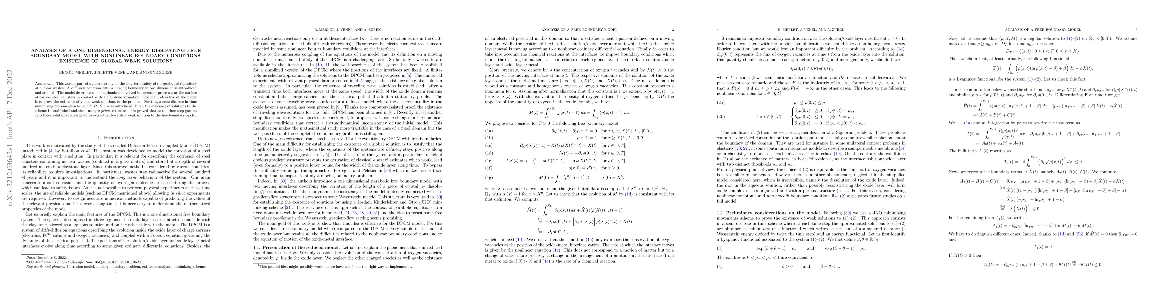 Thumbnail for Analysis of a one dimensional energy dissipating free boundary model
  with nonlinear boundary conditions. Existence of global weak solutions