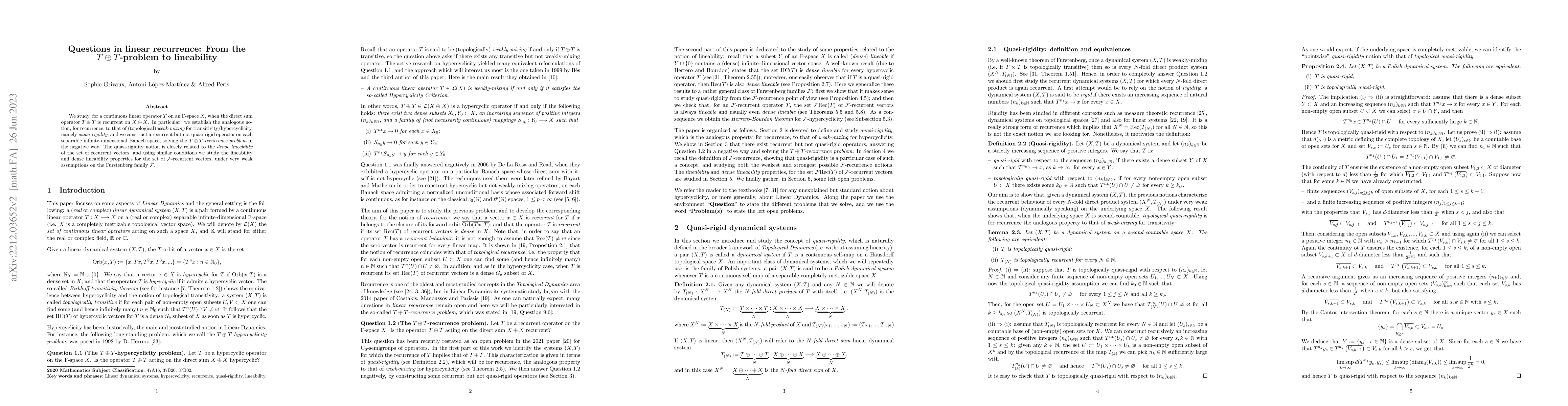 Thumbnail for Questions in linear recurrence: From the $T\oplus T$-problem to
  lineability
