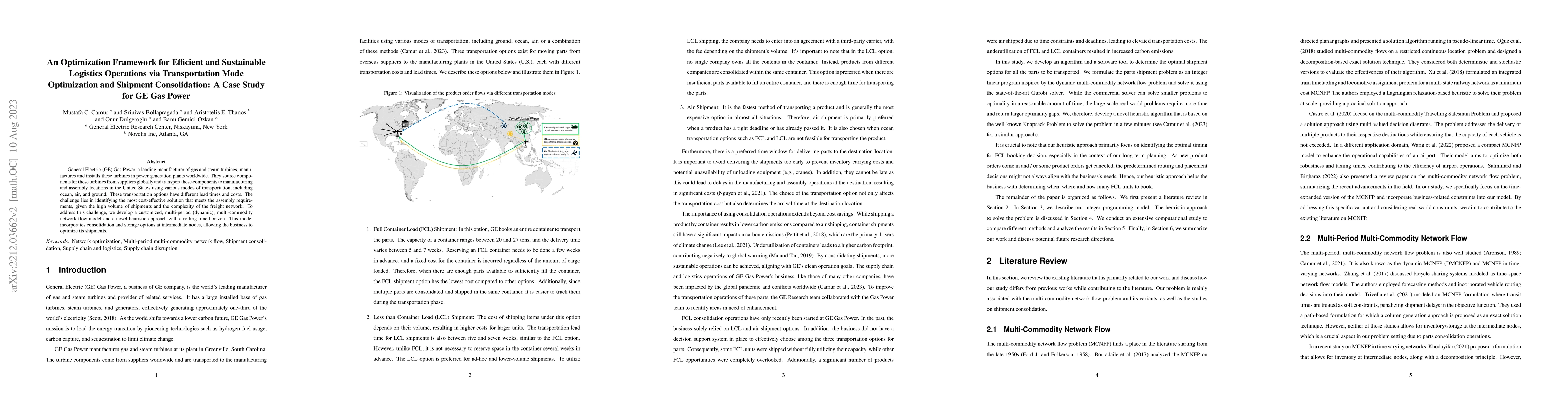 Thumbnail for An Optimization Framework for Efficient and Sustainable Logistics
  Operations via Transportation Mode Optimization and Shipment Consolidation: A
  Case Study for GE Gas Power