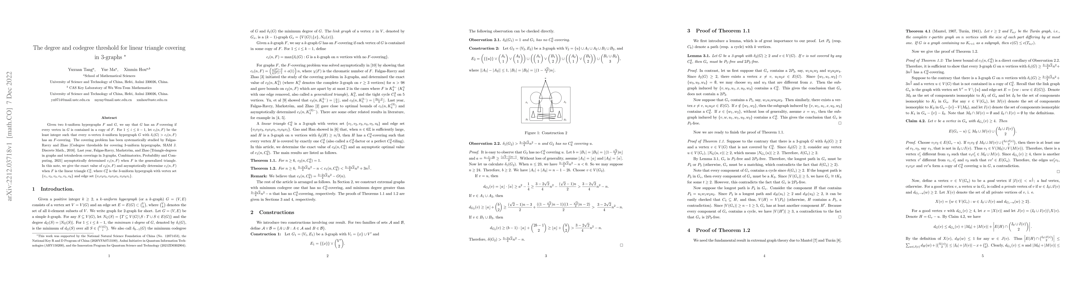 Thumbnail for The degree and codegree threshold for linear triangle covering in
  3-graphs