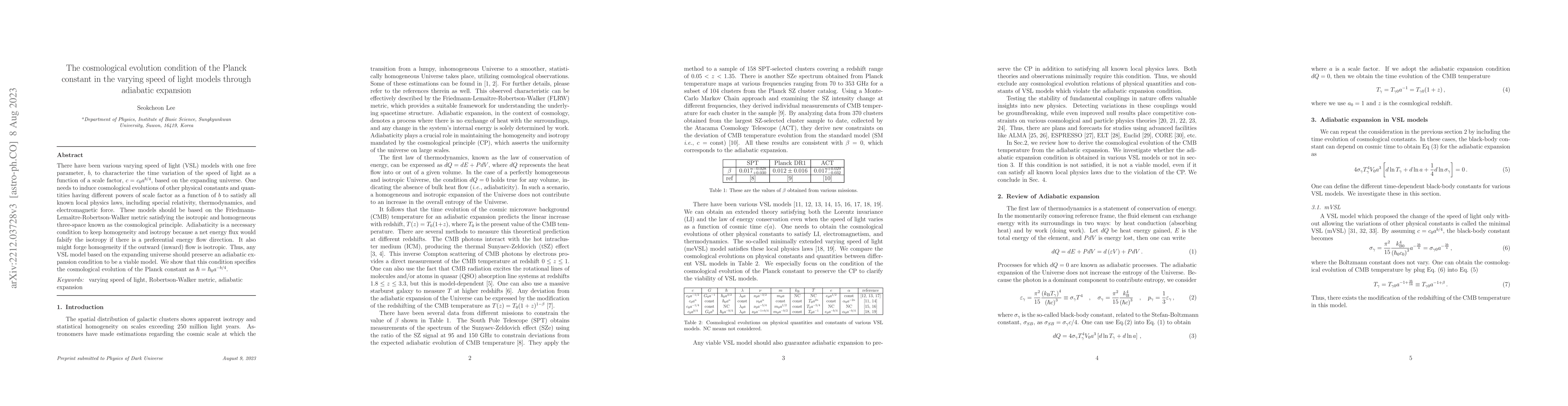 Thumbnail for The cosmological evolution condition of the Planck constant in the
  varying speed of light models through adiabatic expansion