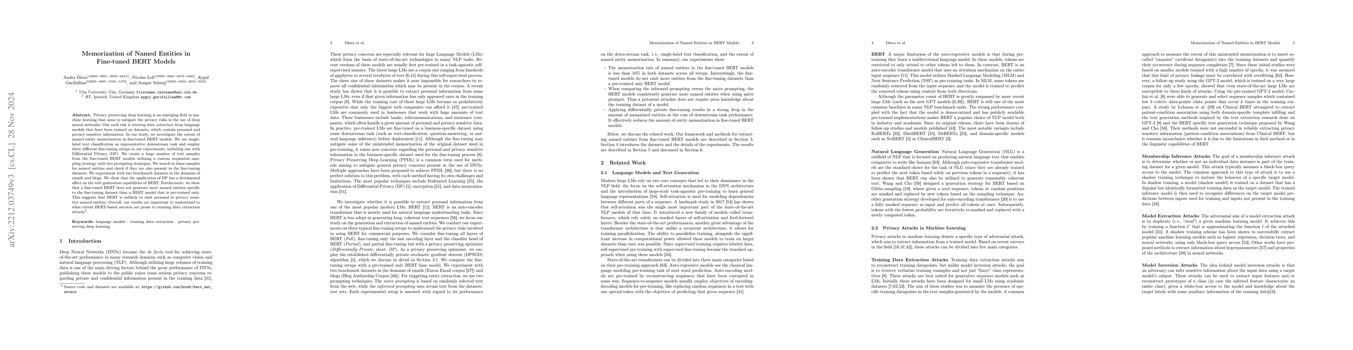 Thumbnail for Memorization of Named Entities in Fine-tuned BERT Models