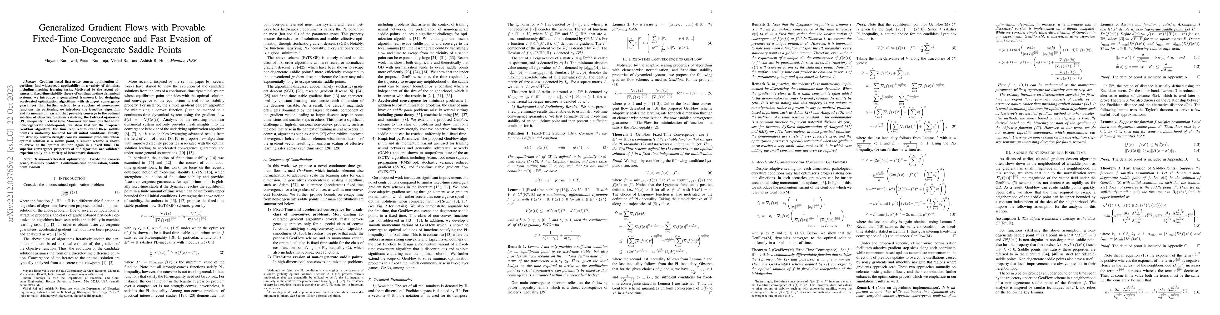 Thumbnail for Generalized Gradient Flows with Provable Fixed-Time Convergence and Fast
  Evasion of Non-Degenerate Saddle Points