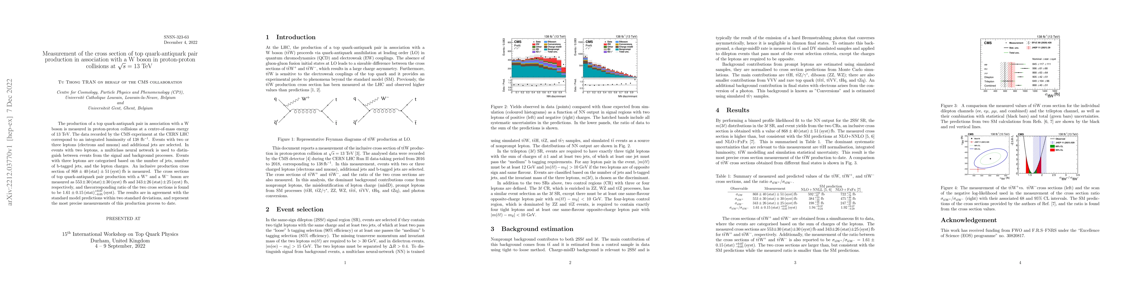Thumbnail for Measurement of the cross section of top quark-antiquark pair production
  in association with a W boson in proton-proton collisions at $\sqrt{s} = 13$
  TeV
