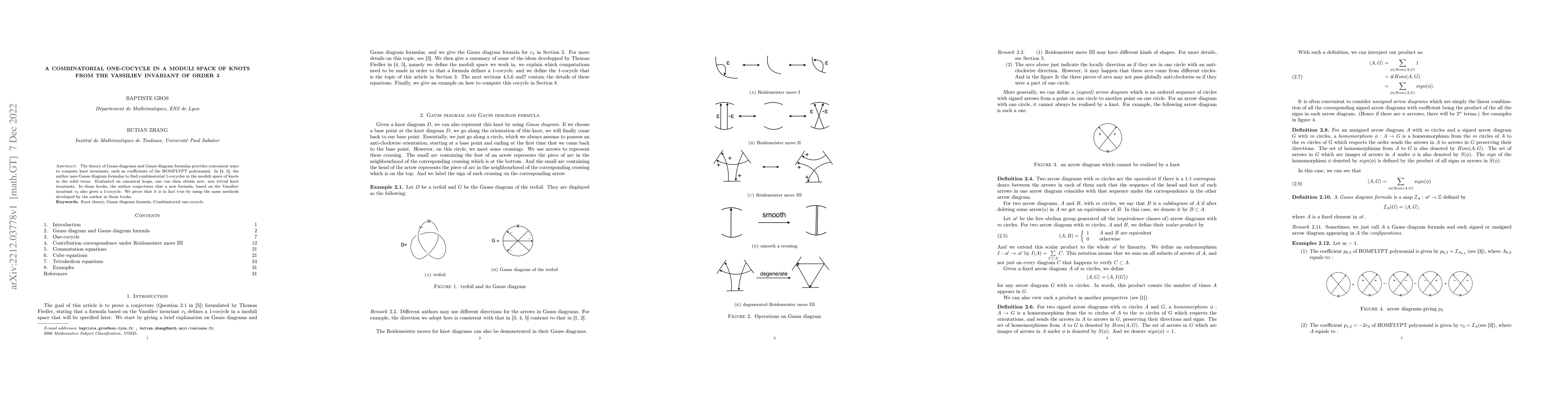 Thumbnail for A combinatorial one-cocycle in a moduli space of knots from the
  Vassiliev invariant of order 3