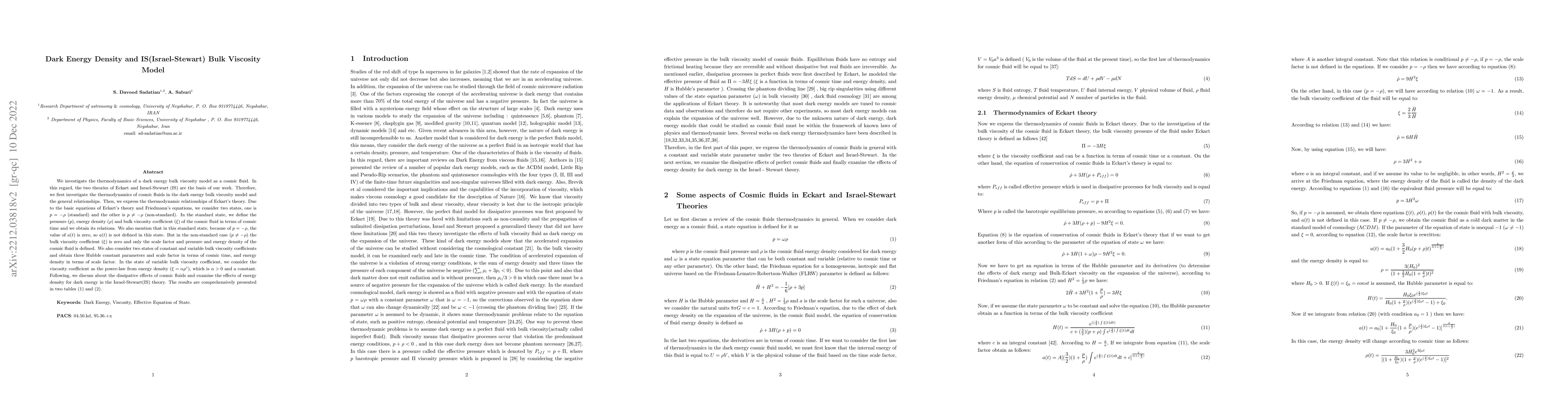 Thumbnail for Dark Energy Density and IS (Israel-Stewart) Bulk Viscosity Model