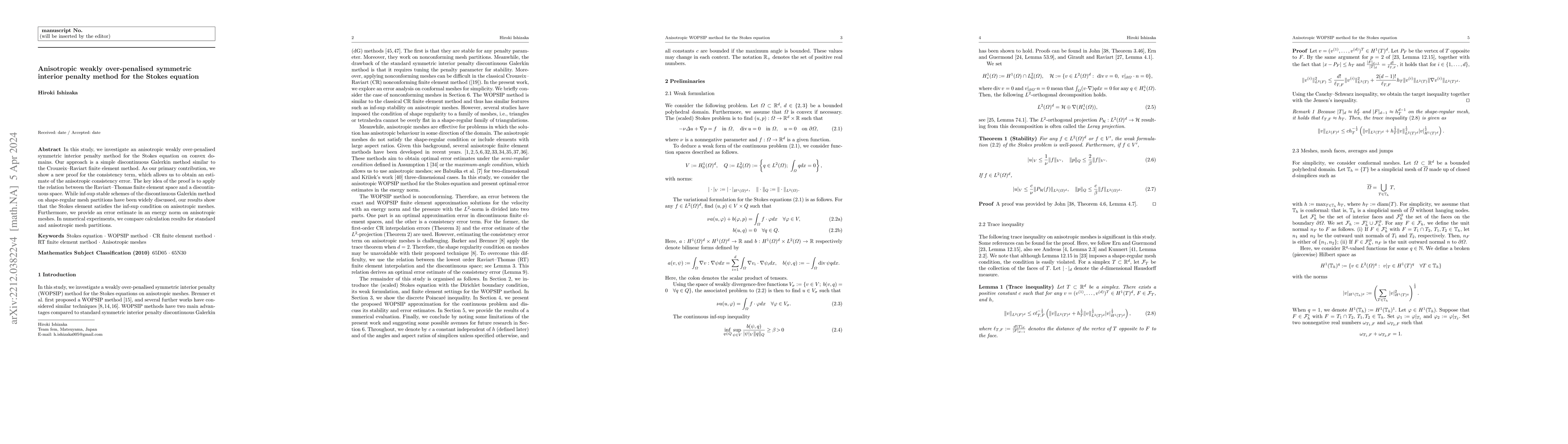 Thumbnail for Anisotropic weakly over-penalised symmetric interior penalty method for
  the Stokes equation