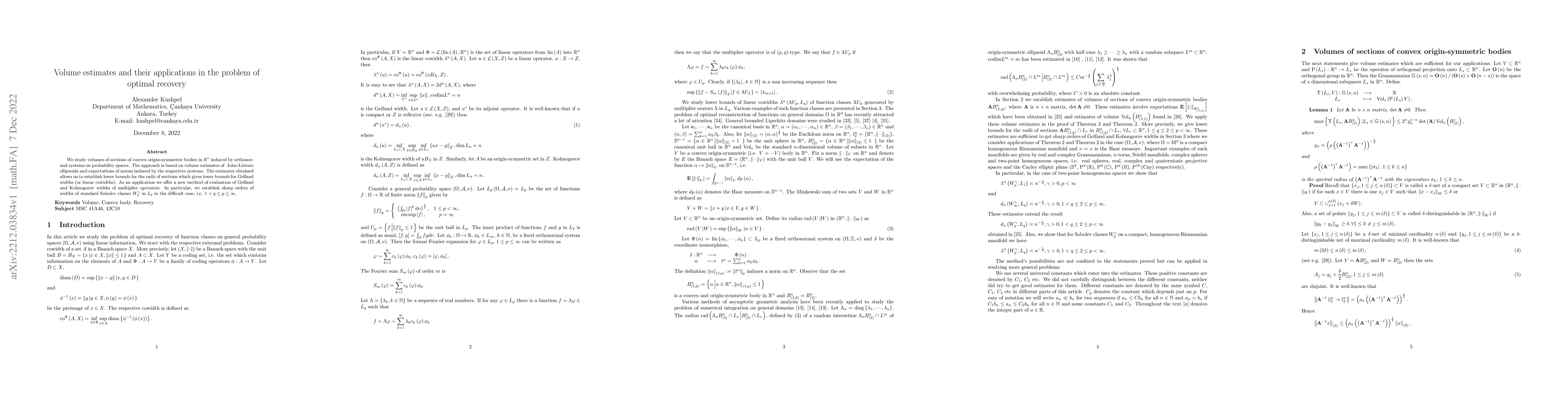 Thumbnail for Volume estimates and their applications in the problem of optimal
  recovery