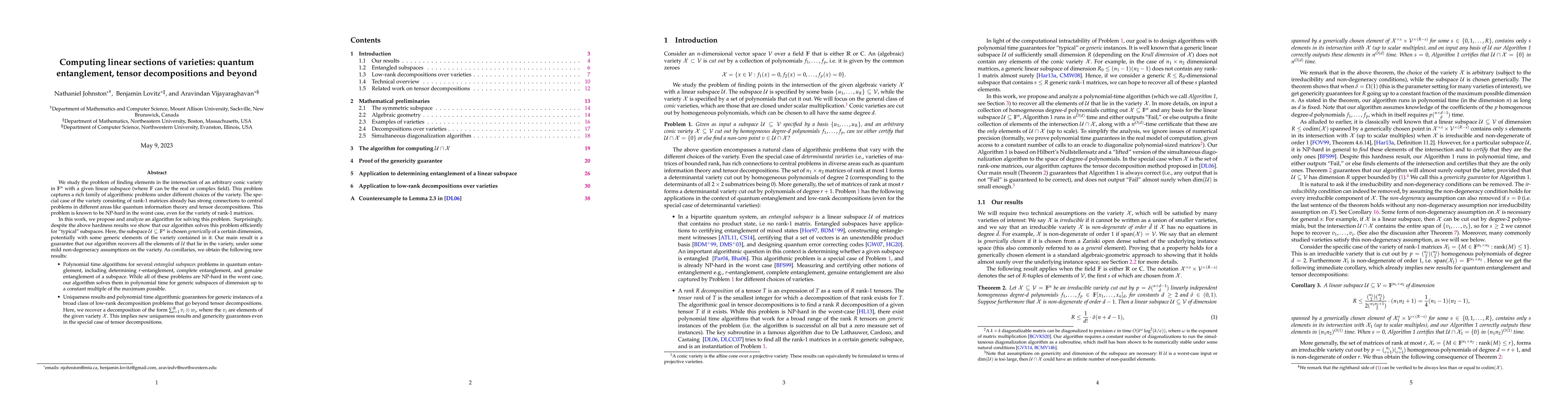 Thumbnail for Computing linear sections of varieties: quantum entanglement, tensor
  decompositions and beyond