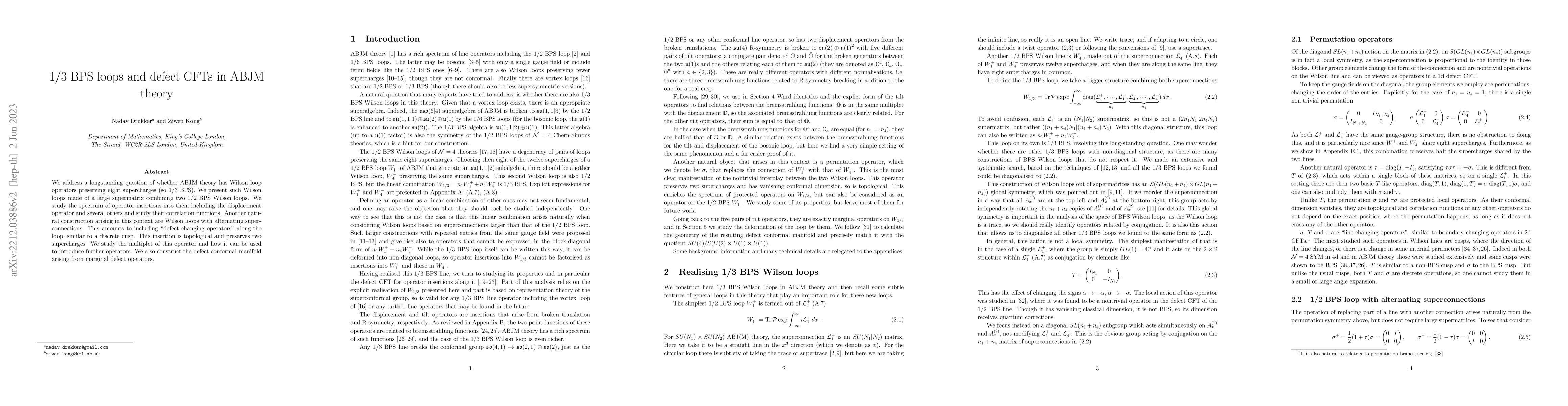 Thumbnail for 1/3 BPS loops and defect CFTs in ABJM theory