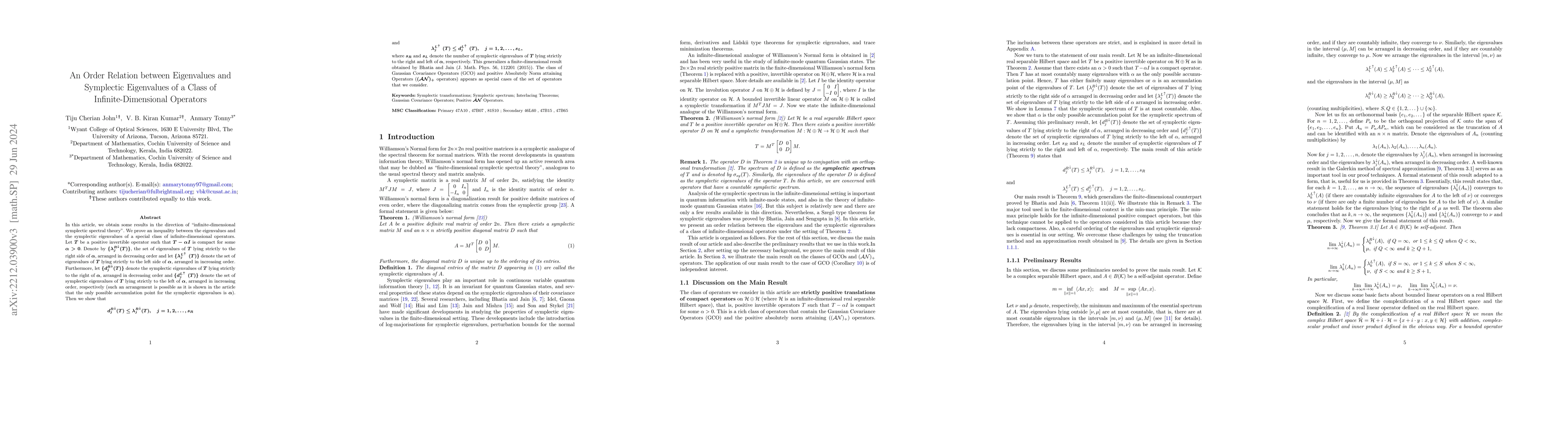 Thumbnail for An Order Relation between Eigenvalues and Symplectic Eigenvalues of a
  Class of Infinite-Dimensional Operators