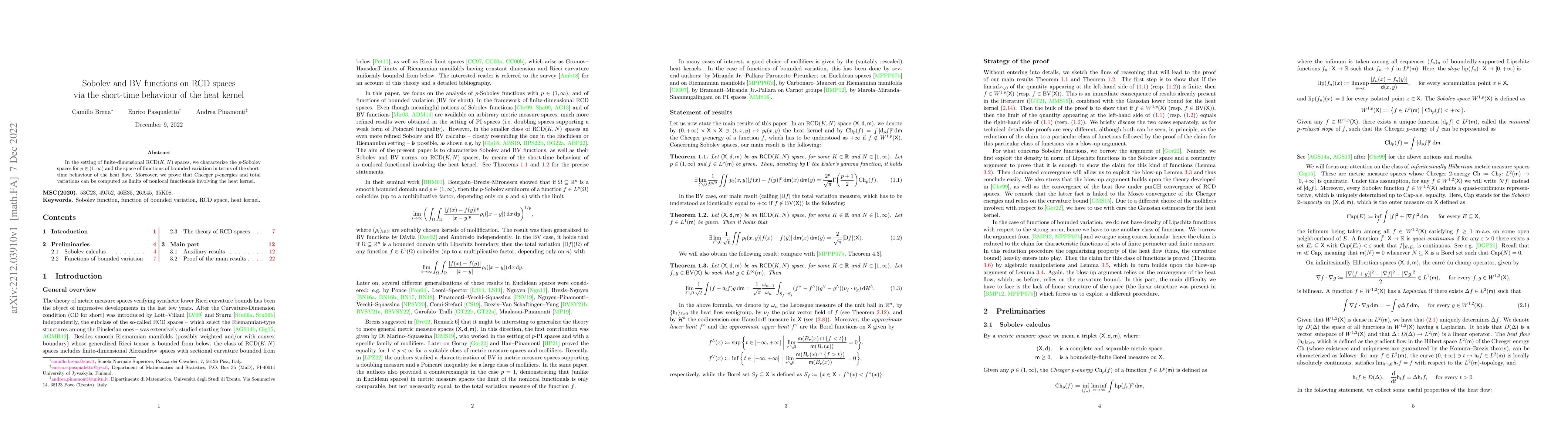 Thumbnail for Sobolev and BV functions on $\mathrm{RCD}$ spaces via the short-time
  behaviour of the heat kernel