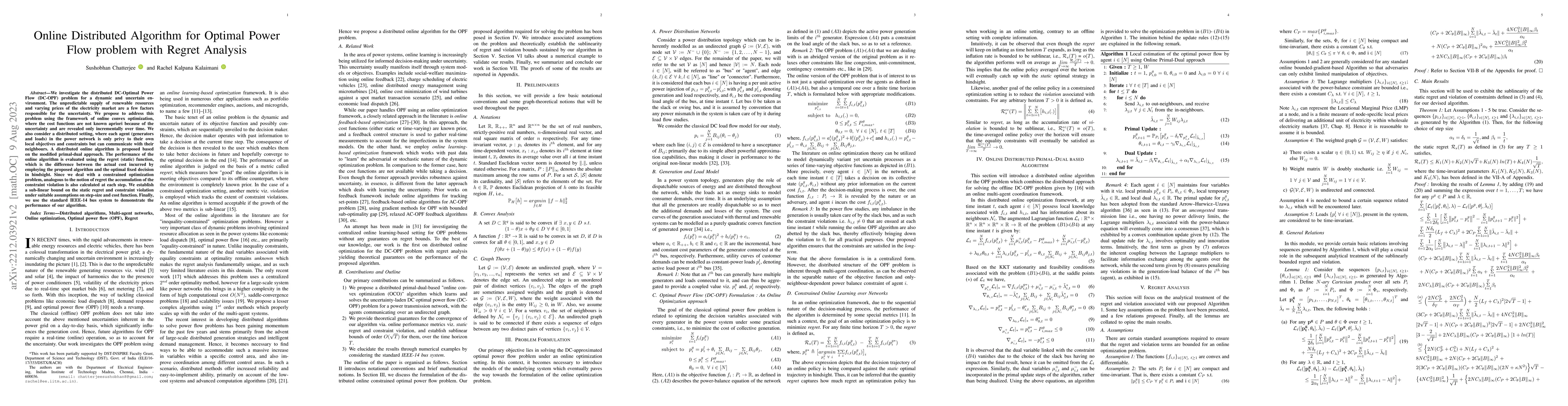 Thumbnail for Online Distributed Algorithm for Optimal Power Flow problem with Regret
  Analysis