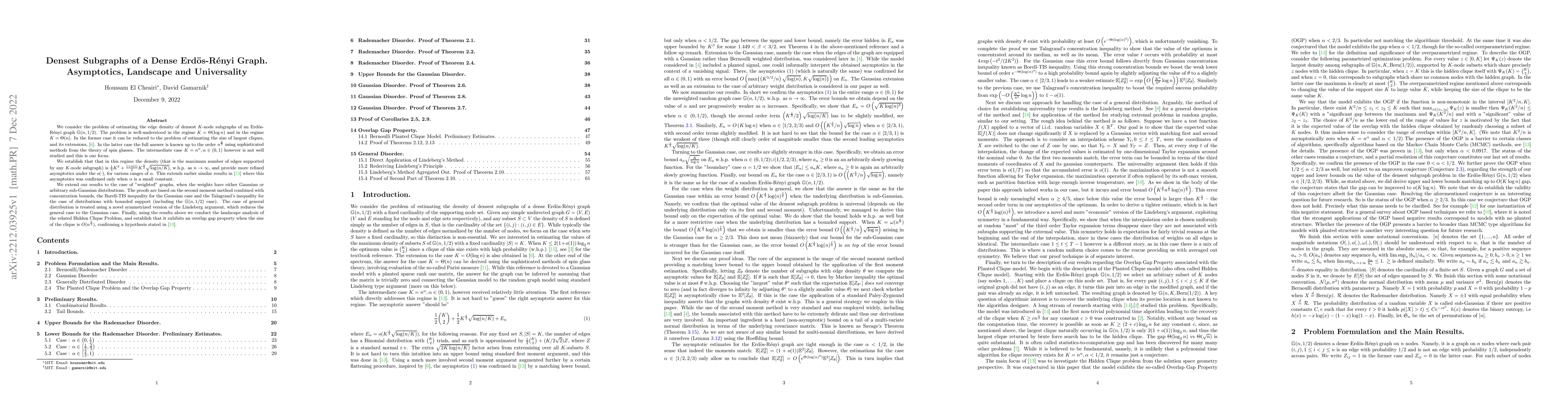 Thumbnail for Densest Subgraphs of a Dense Erd\"os-R\'{e}nyi Graph. Asymptotics,
  Landscape and Universality